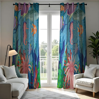 Kids Ocean Curtains, Underwater Fish & Seahorse Drapes