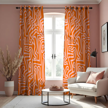 Orange Line Art Curtains, Abstract Geometric Window Drapes
