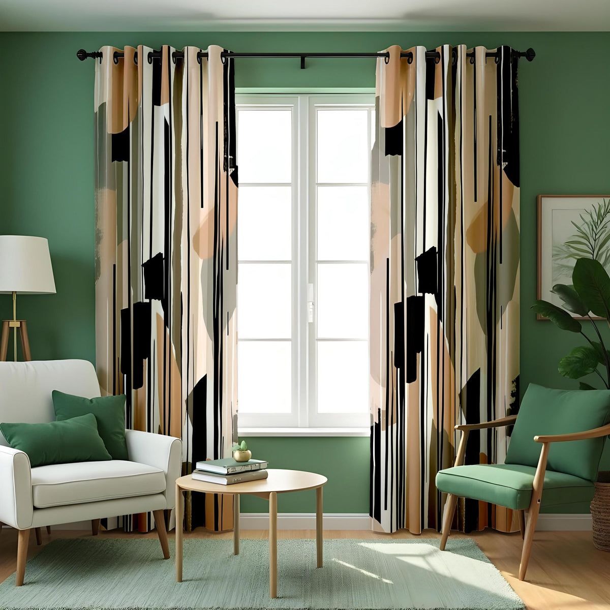 Neutral Abstract Curtains, Beige & Black Minimalist Drapes