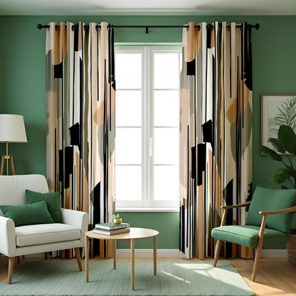 Neutral Abstract Curtains, Beige & Black Minimalist Drapes