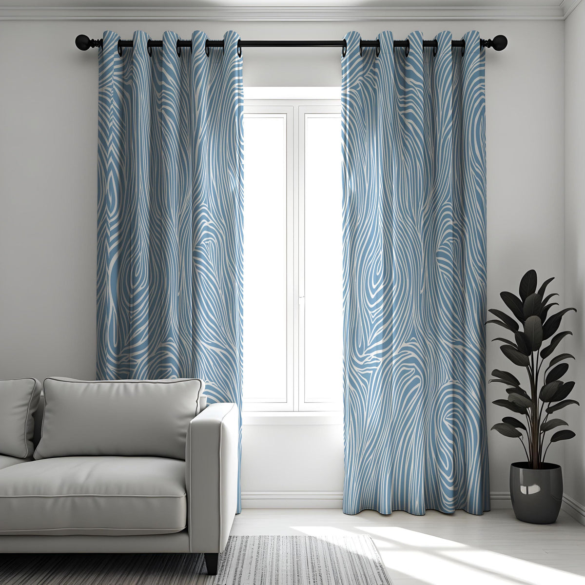 Blue Wavy Line Curtains, Modern Fluid Abstract Drapes