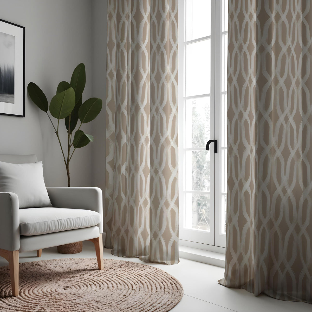 Beige Brushstroke Curtains, Neutral Geometric Drapes