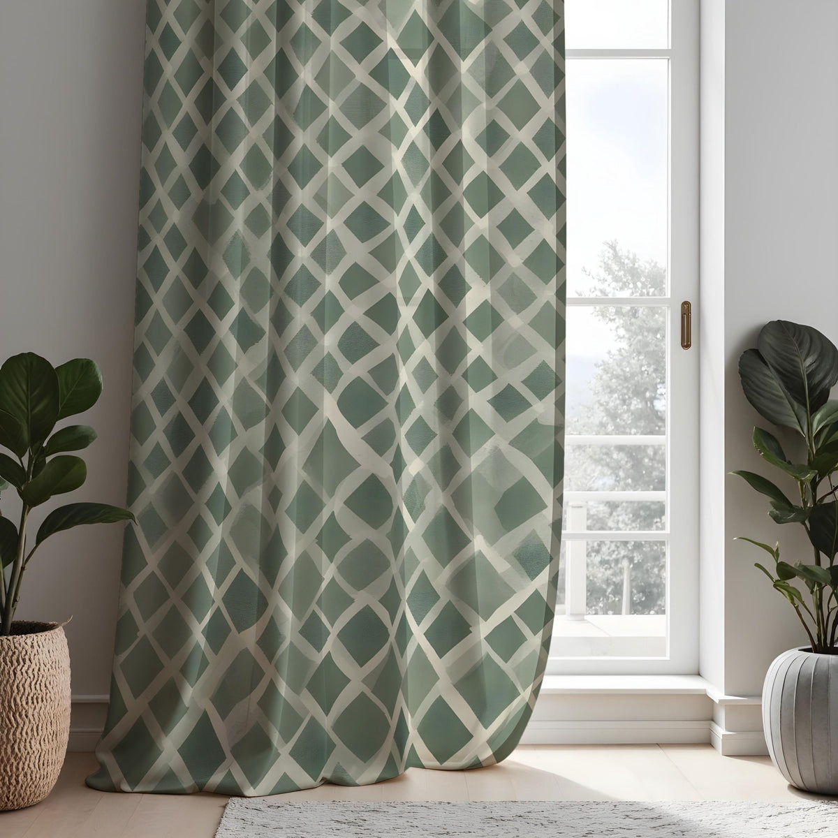 Sage Green Lattice Curtains, Geometric Neutral Drapes