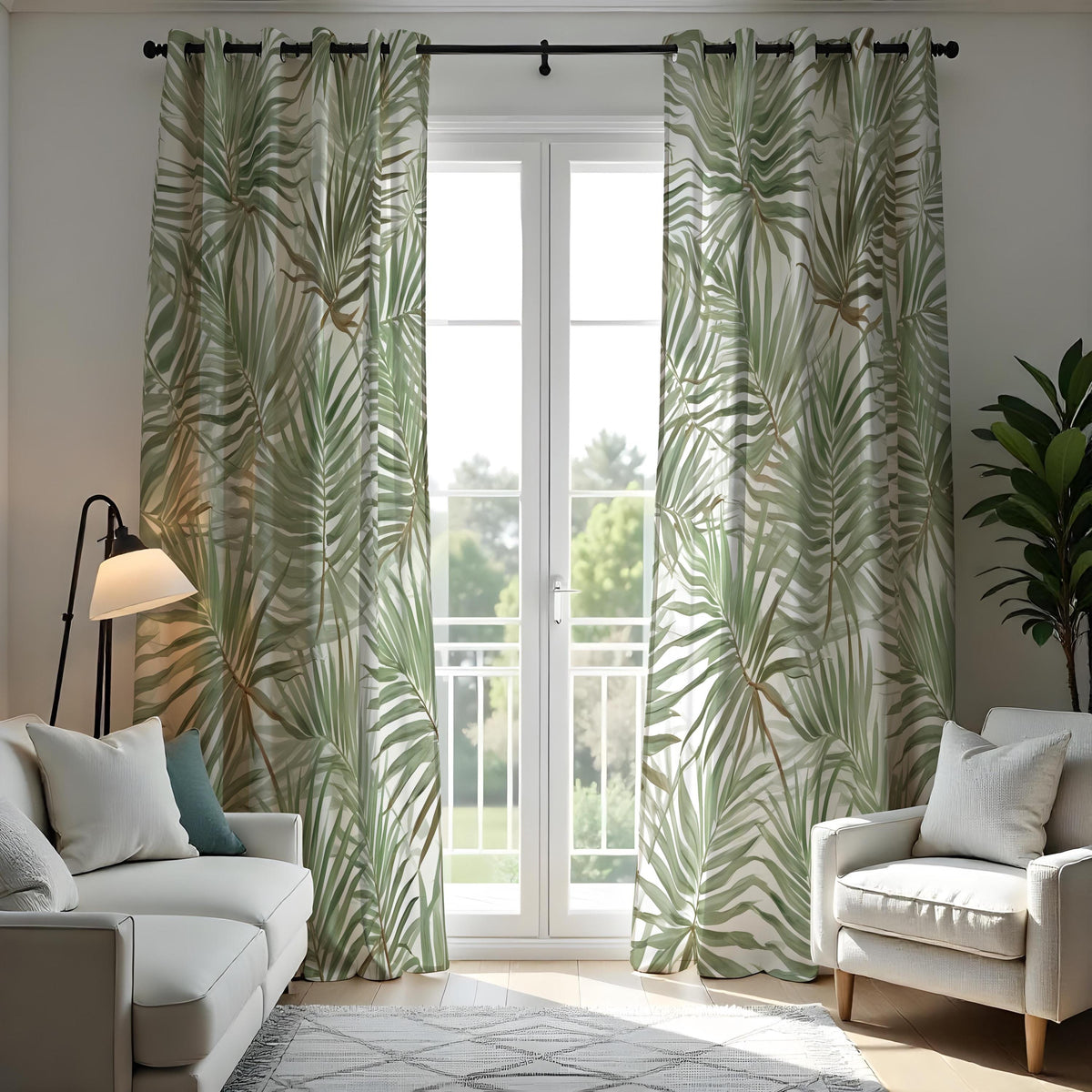 Green Palm Leaf Curtains, Tropical Botanical Window Drapes