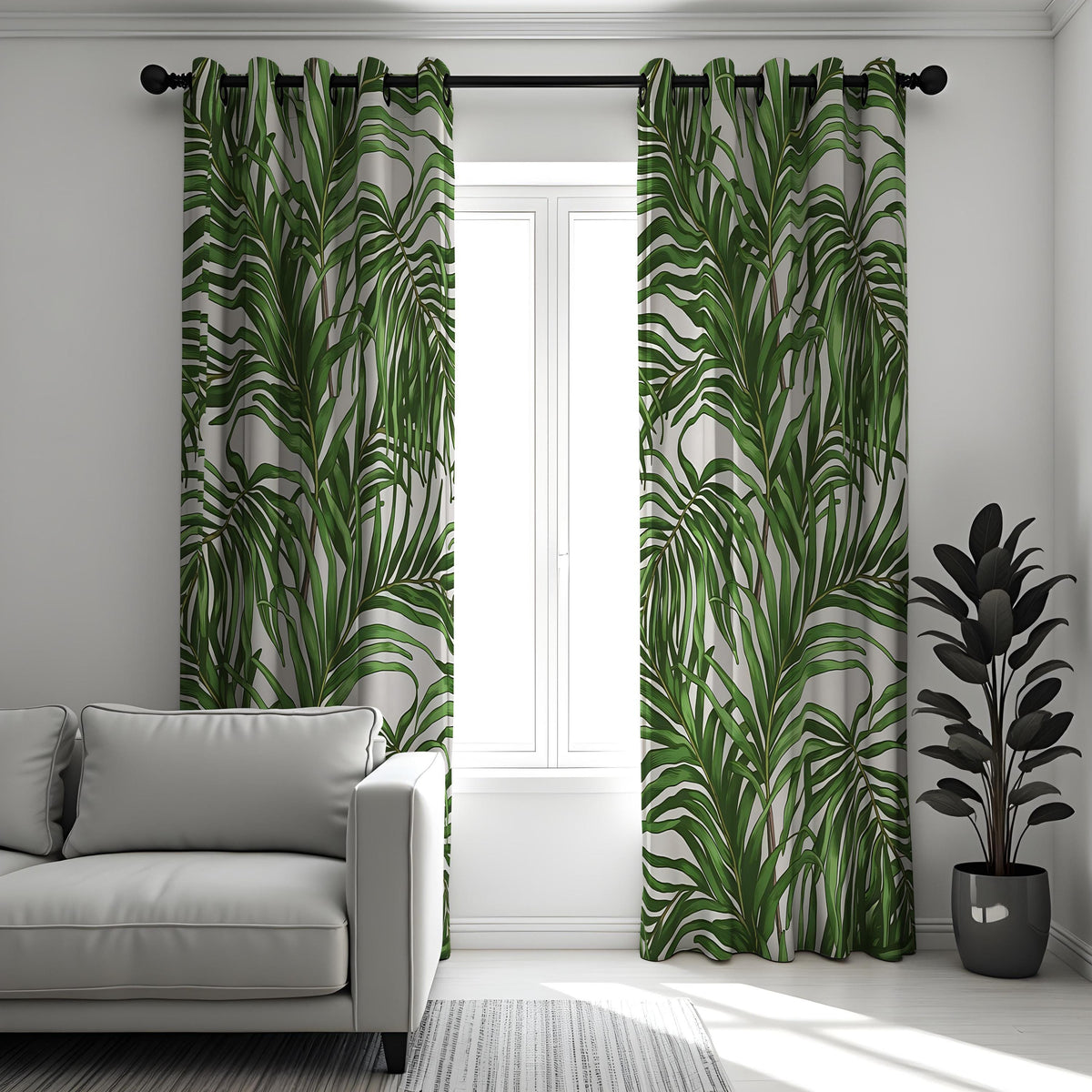 Green Palm Leaf Curtains, Tropical Botanical Custom Drapes