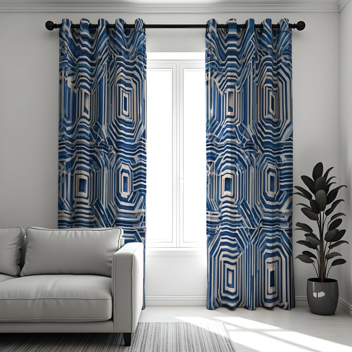 Blue Optical Illusion Curtains, 3D Maze Geometric Drapes