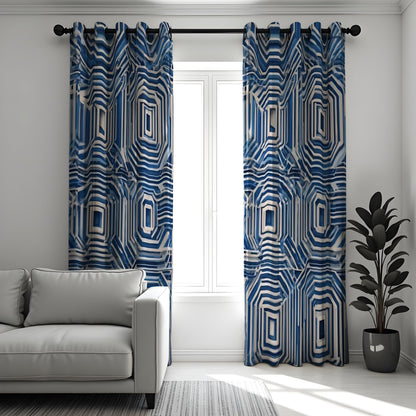 Blue Optical Illusion Curtains, 3D Maze Geometric Drapes