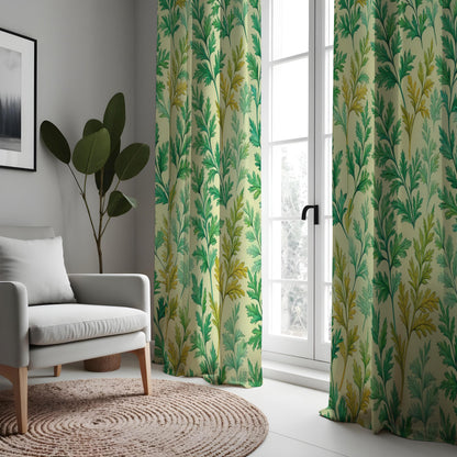 Green Botanical Leaf Curtains, Tropical Nature Drapes