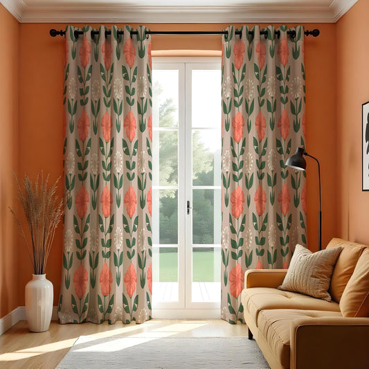Terracotta & Green Retro Floral Curtains, Mid Century Drapes