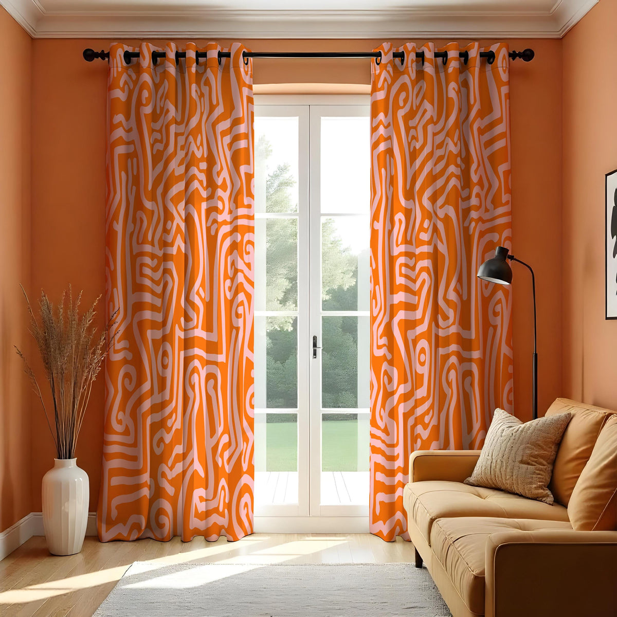 Orange Line Art Curtains, Abstract Geometric Window Drapes