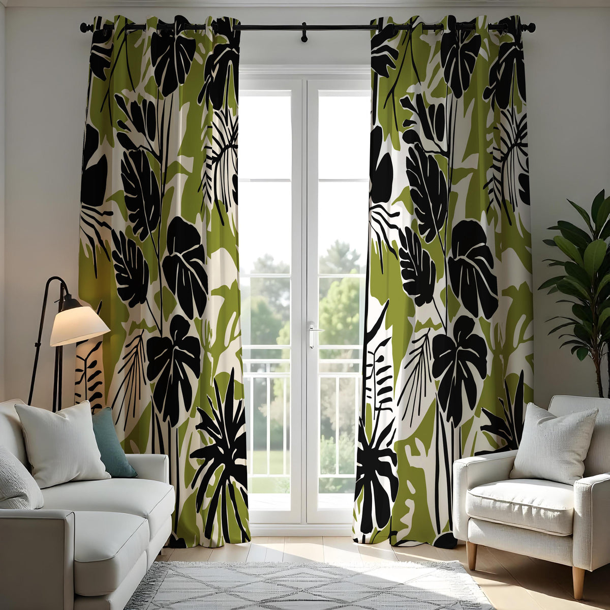 Green & Black Monstera Curtains, Tropical Leaf Print Drapes