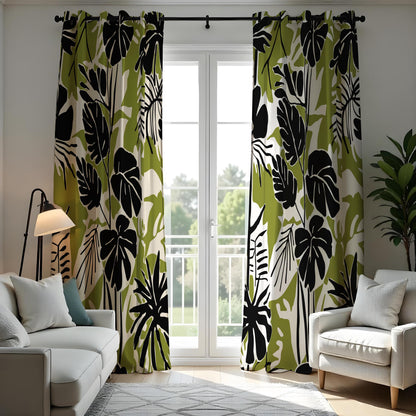 Green & Black Monstera Curtains, Tropical Leaf Print Drapes