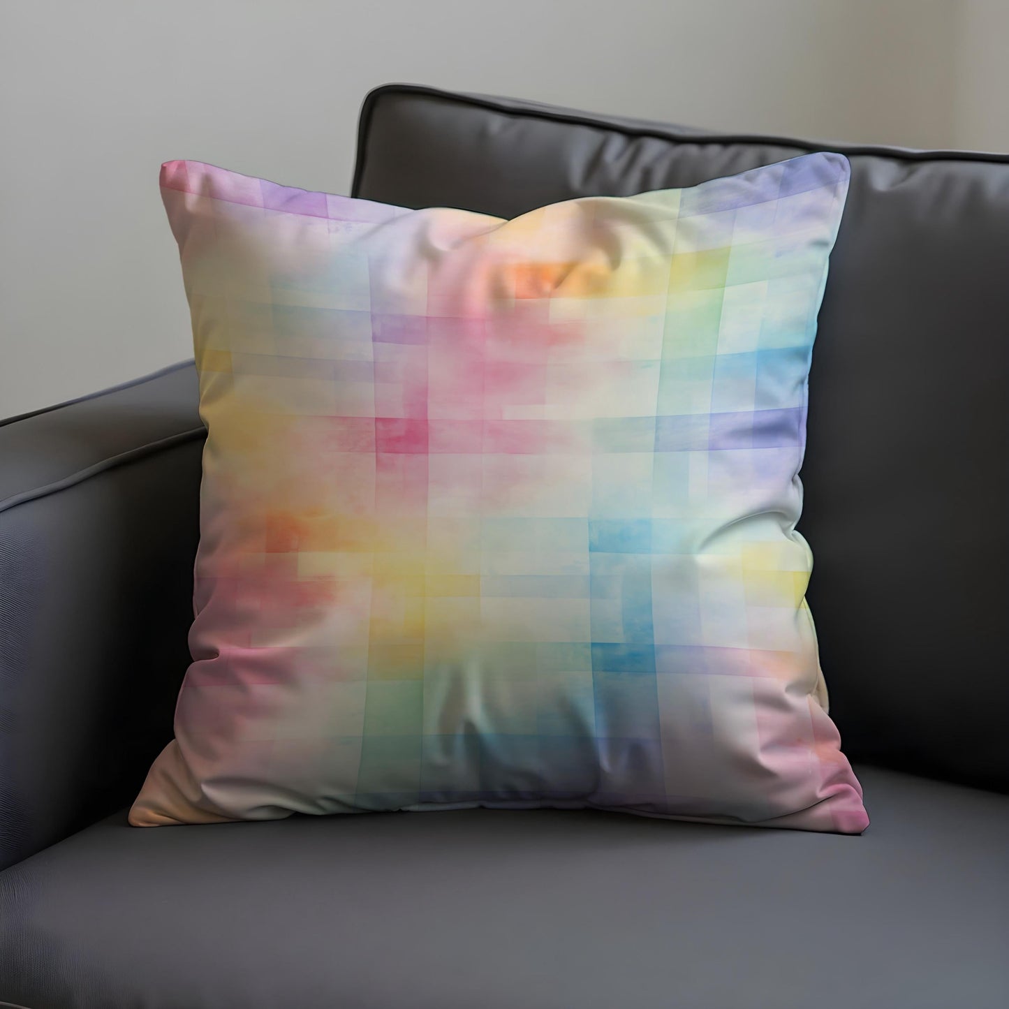 Pastel Rainbow Cushion Cover, Soft Watercolor Grid Throw Pillow Cover