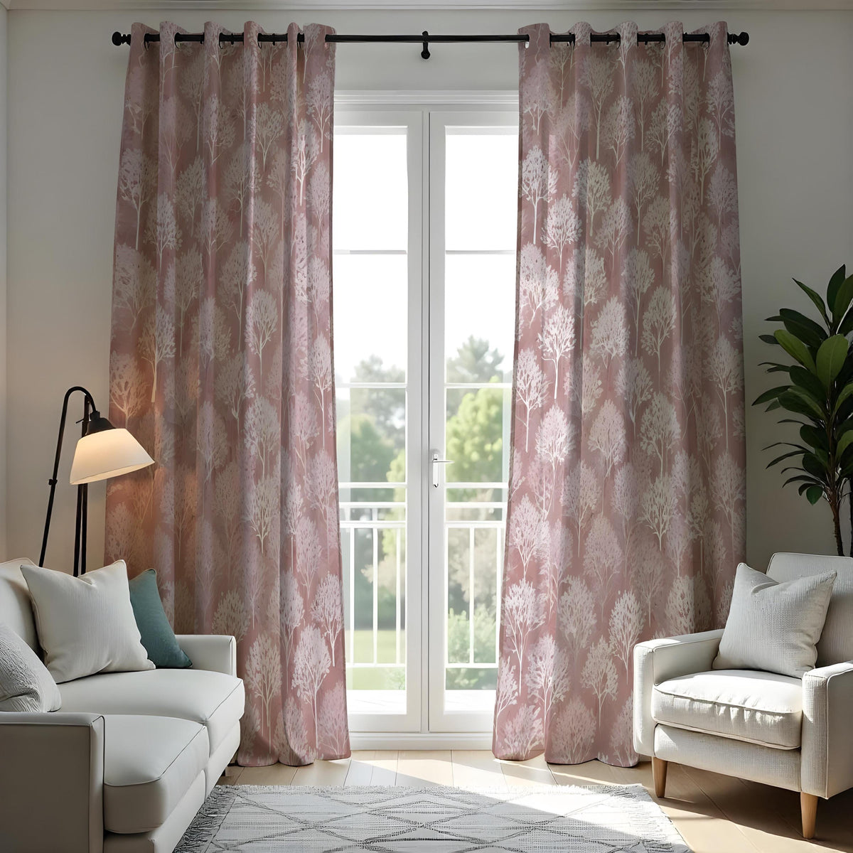 Dusty Rose Tree Curtains, Pink Woodland Silhouette Drapes