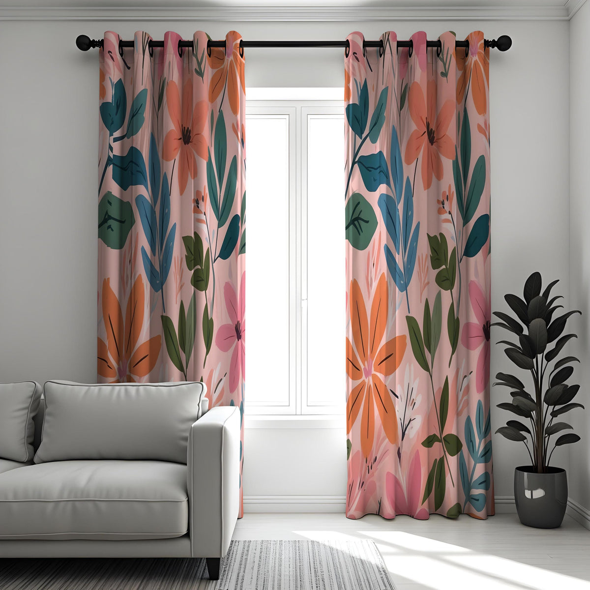 Peach Floral Curtains, Teal & Orange Leaf Botanical Drapes