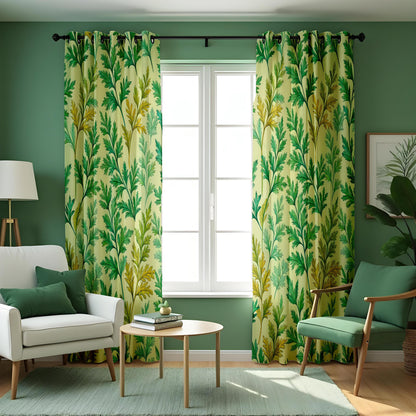 Green Botanical Leaf Curtains, Tropical Nature Drapes