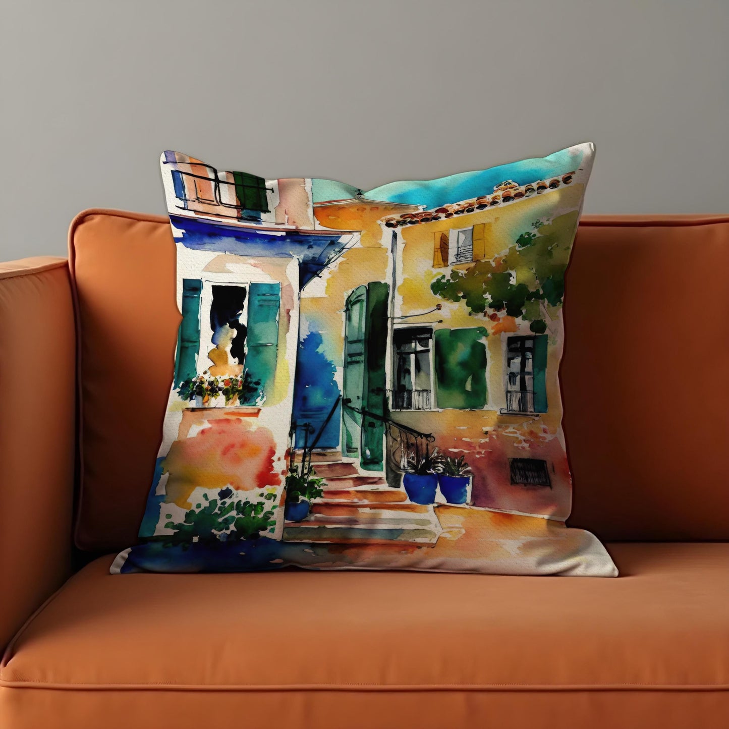 Mediterranean House Cushion Cover, Watercolor Village Scene Pillowcase