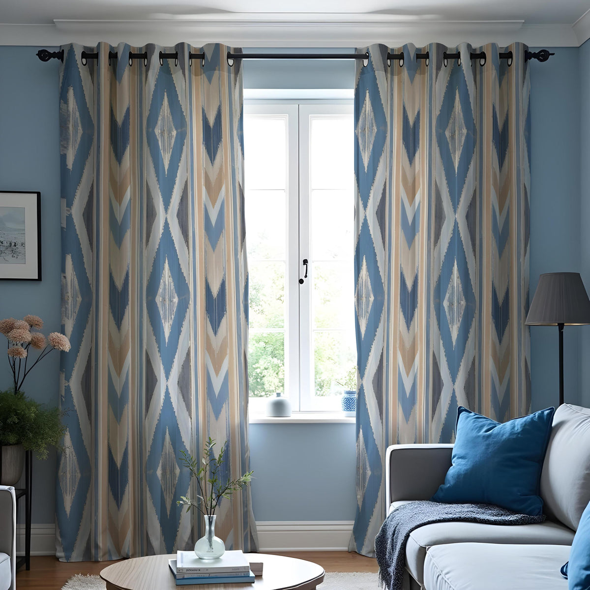 Blue Tan Ikat Curtains, Boho Geometric Custom Drapes