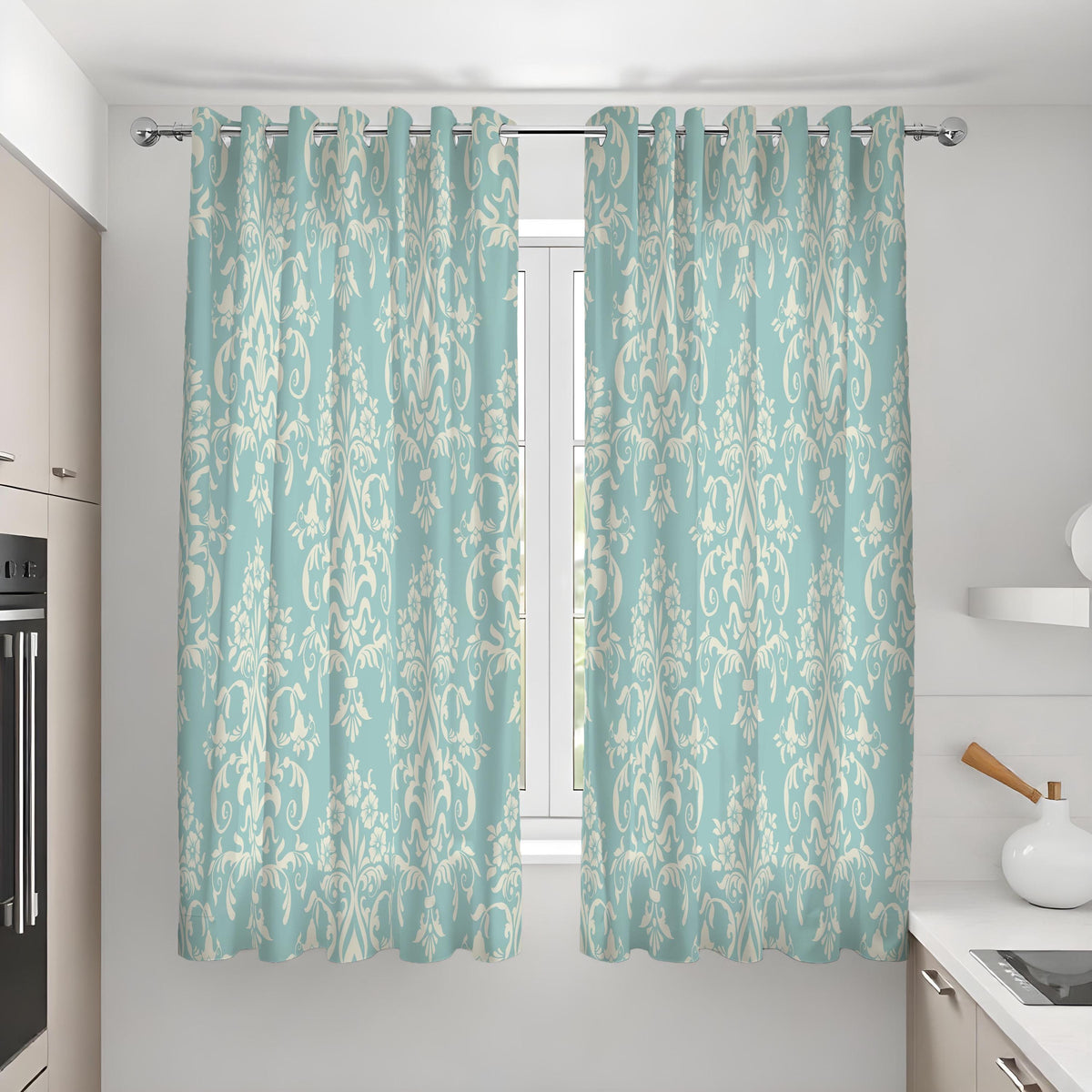 Teal Damask Curtains, Classic Floral Pattern Window Drapes