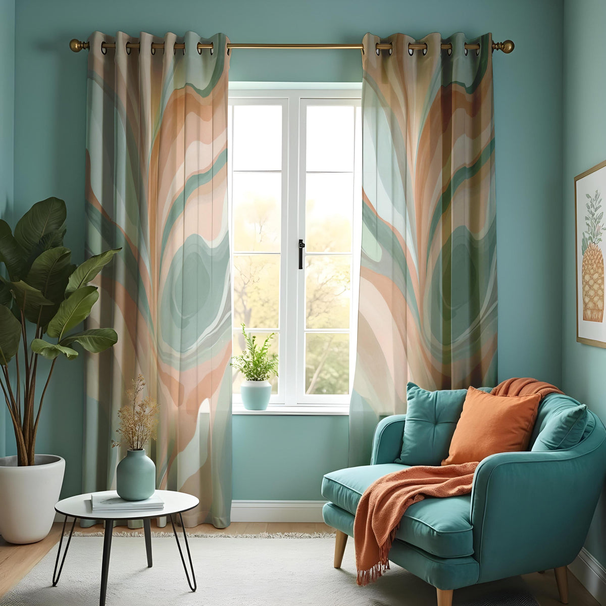 Earth Tone Retro Swirl Curtains, Marble Pattern Drapes