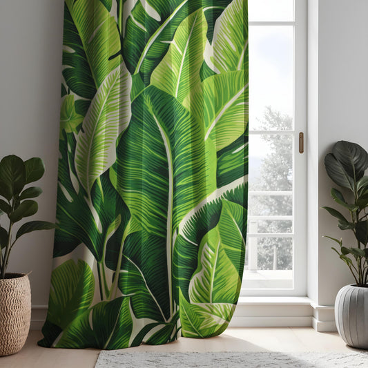 Green Banana Leaf Curtains, Bold Tropical Jungle Drapes