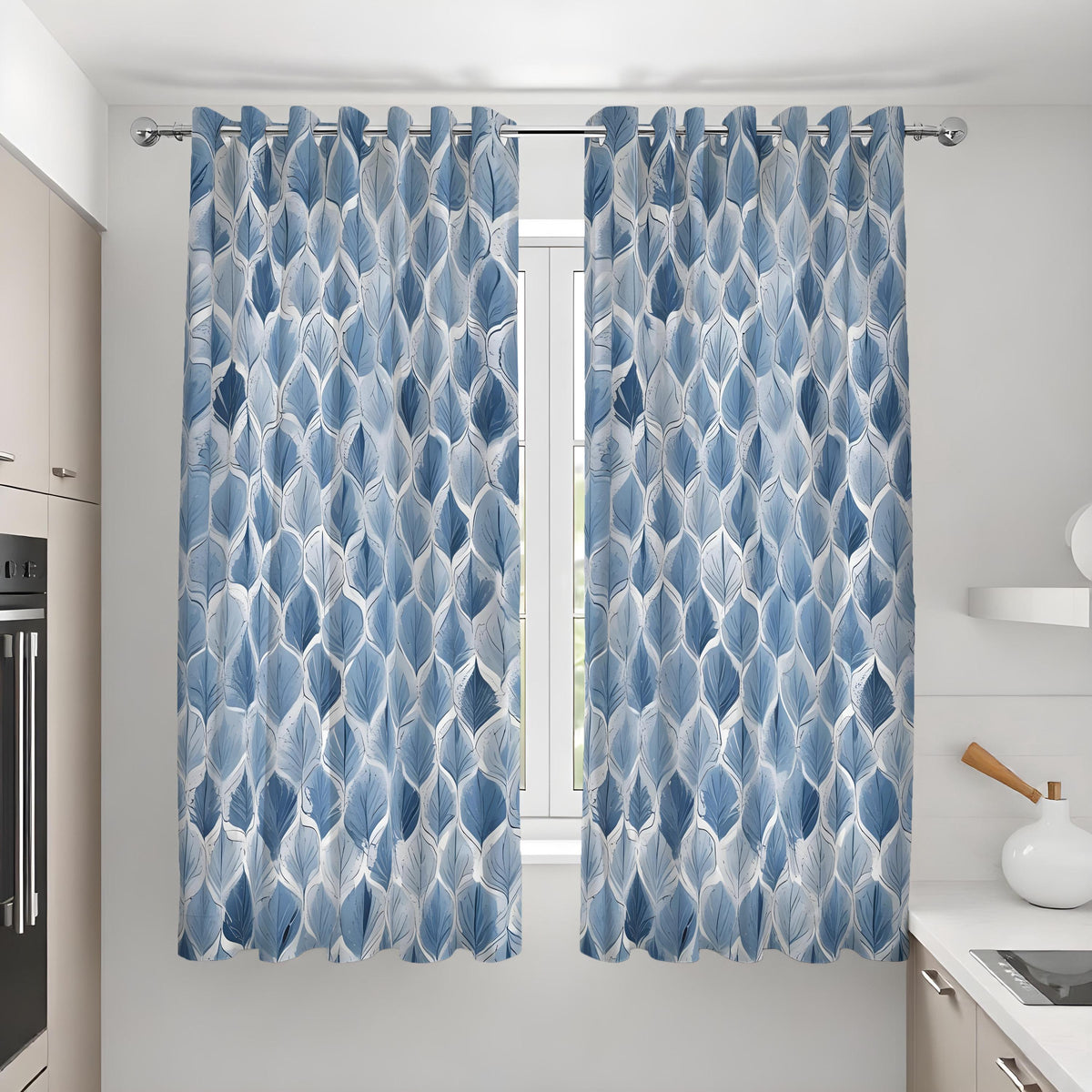 Blue Geometric Leaf Curtains, Modern Pattern Window Drapes
