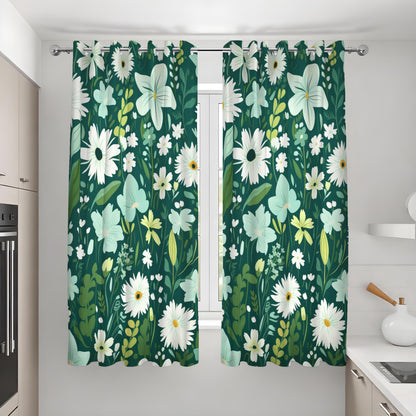 Dark Green Daisy Curtains, White Wildflower Botanical Drapes