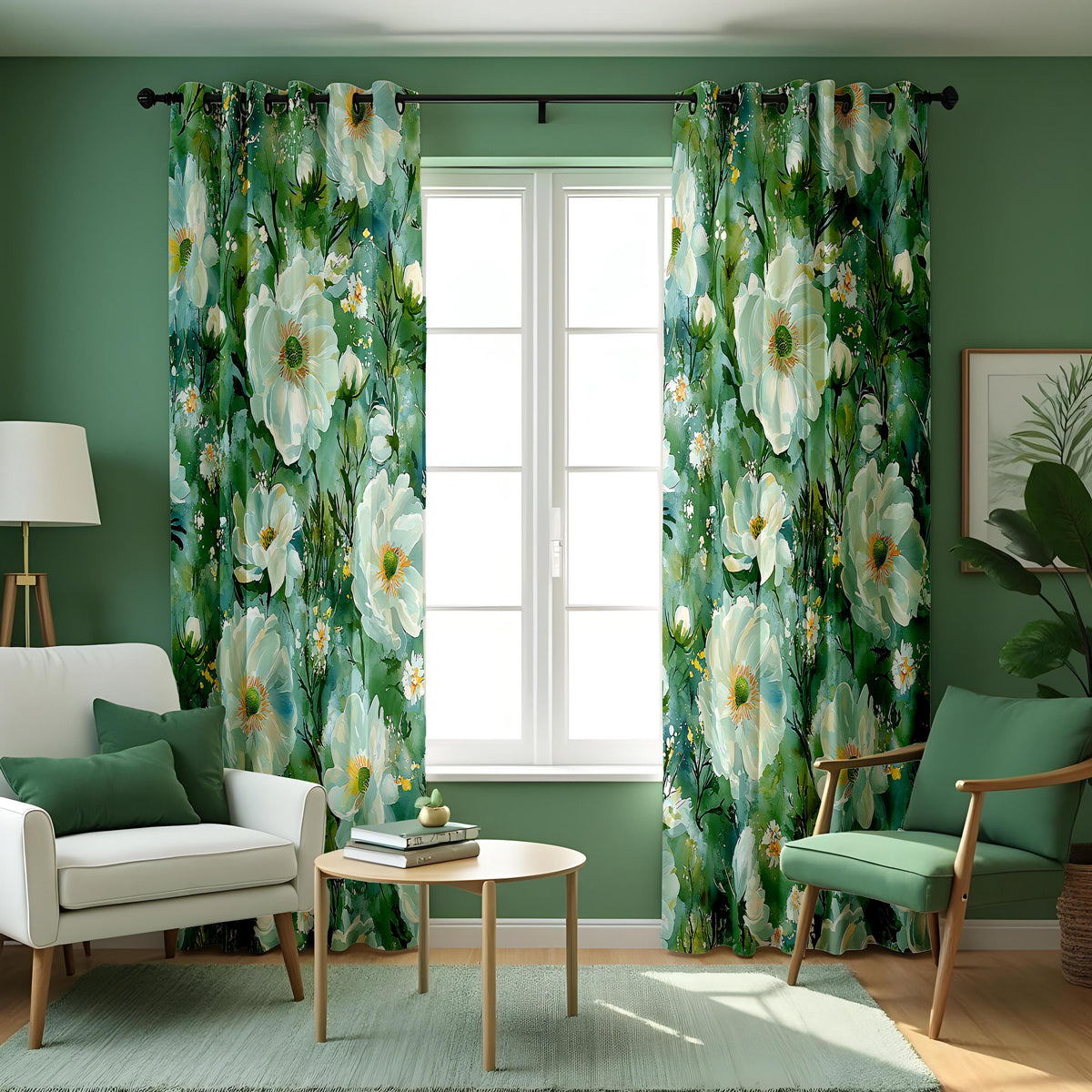 Teal Floral Curtains, Watercolor White Flower Drapes