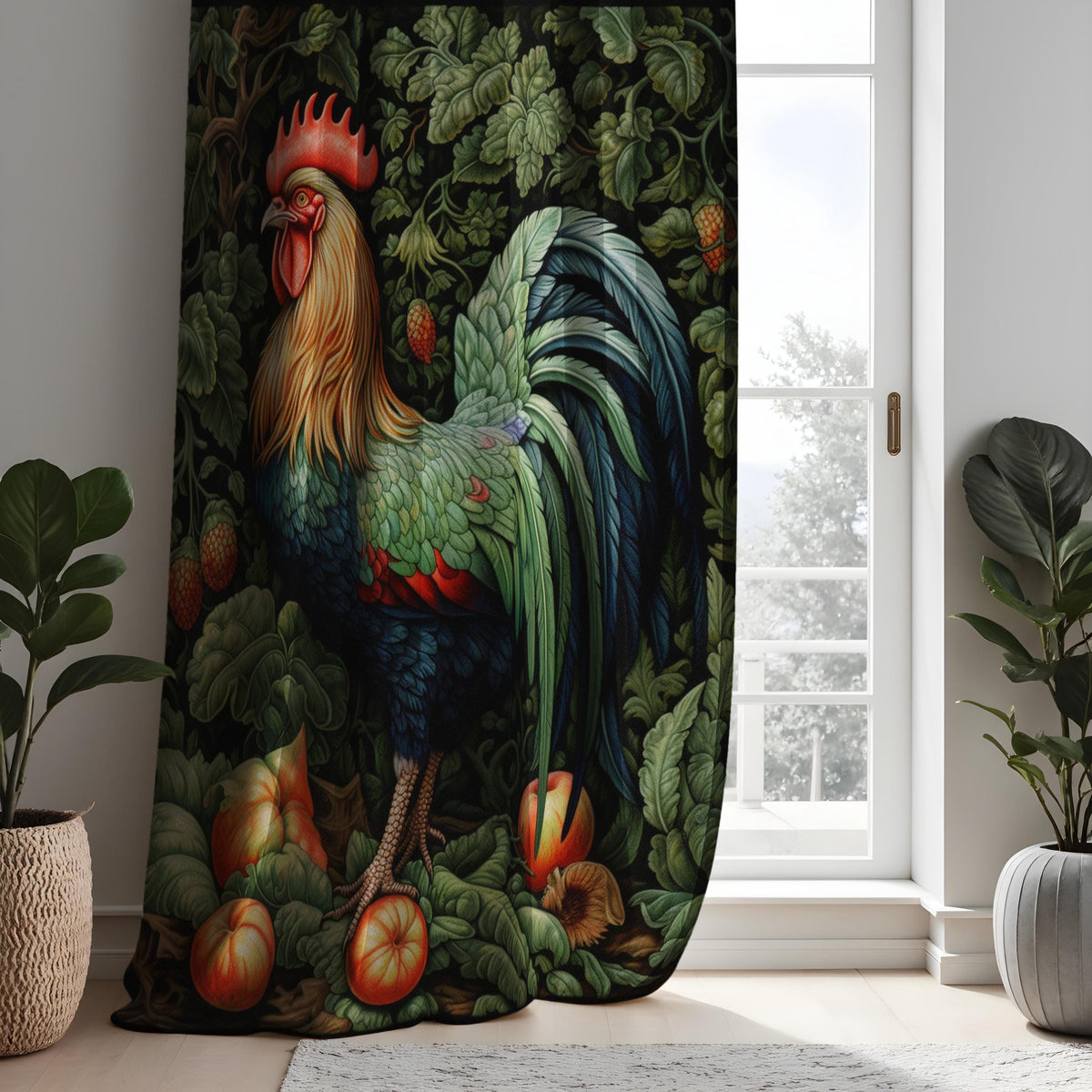 Rooster Kitchen Curtains, Farmhouse Chicken Print Drapes