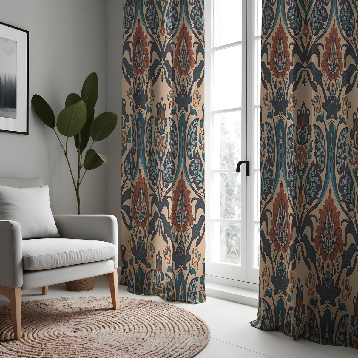 Teal & Rust Damask Floral Curtains, Boho Baroque Drapes