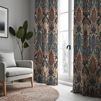 Teal & Rust Damask Floral Curtains, Boho Baroque Drapes