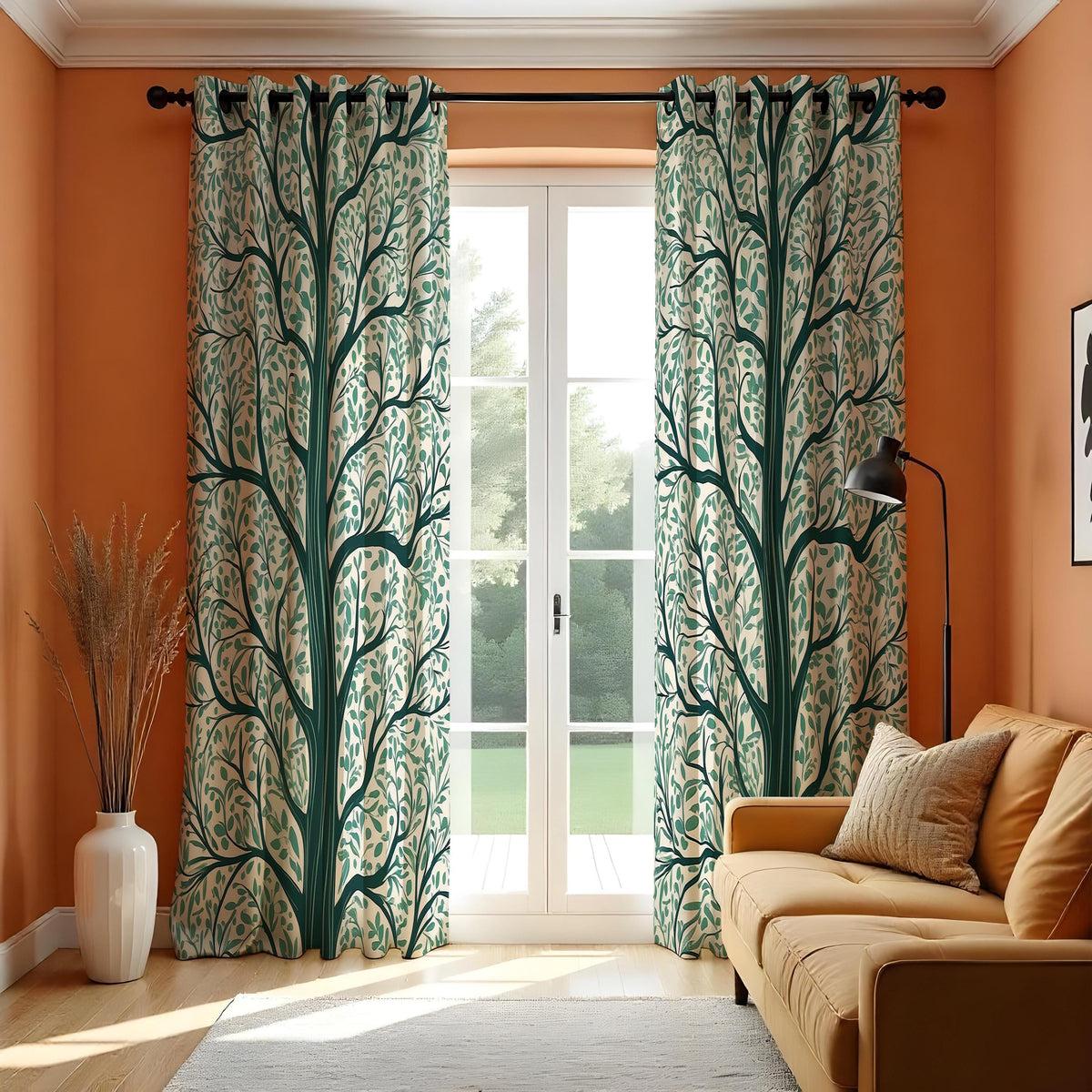 Green Tree Silhouette Curtains, Branch & Leaf Botanical Drapes
