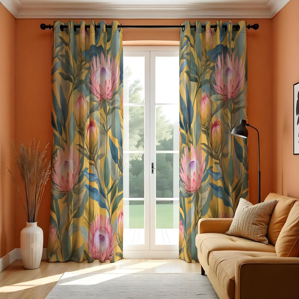 Pink Protea Tropical Curtains, Green Leaf Floral Drapes