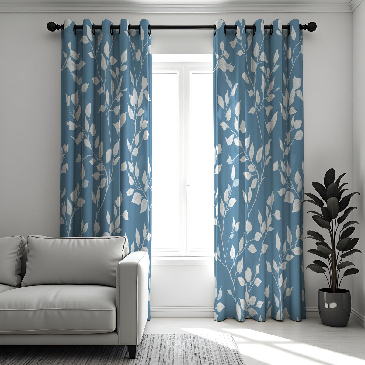 Blue Botanical Leaf Curtains, White Leaves Print Drapes