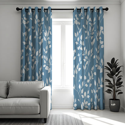 Blue Botanical Leaf Curtains, White Leaves Print Drapes