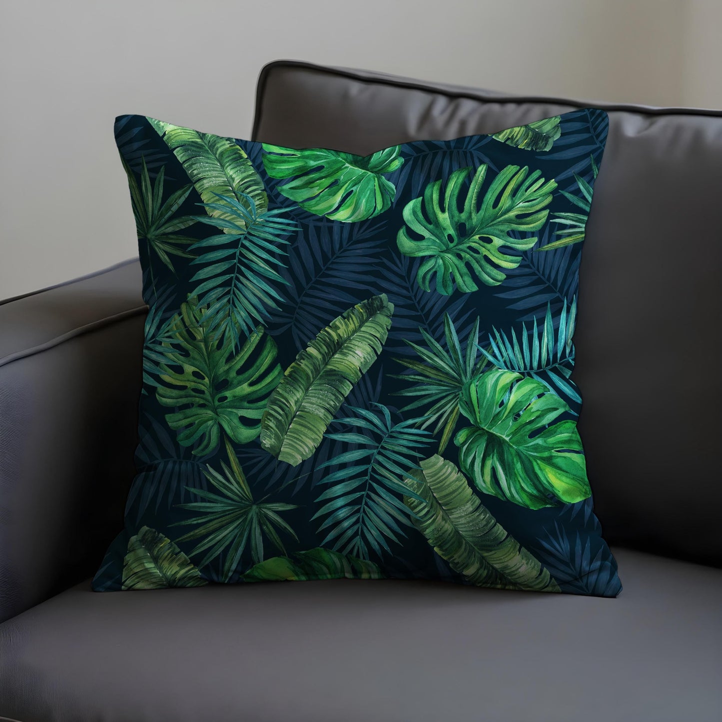 Tropical Leaf Cushion Cover, Dark Green Jungle Monstera Pillow Case