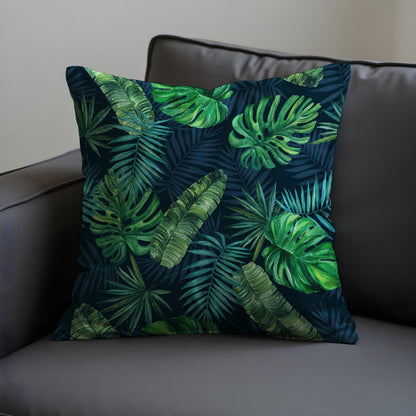 Tropical Leaf Cushion Cover, Dark Green Jungle Monstera Pillow Case