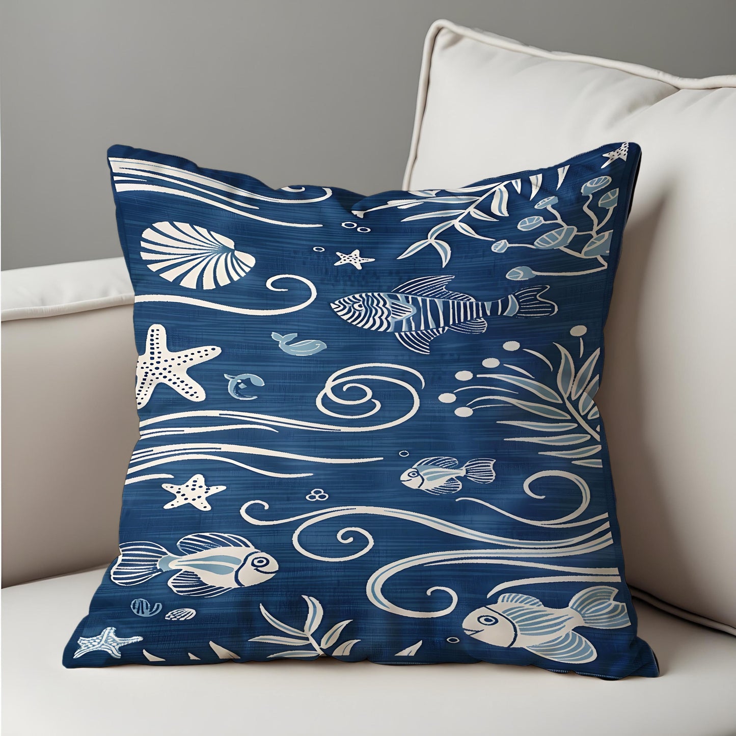 Nautical Ocean Theme Cushion, Blue Sea Life Throw Pillow Cover