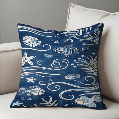 Nautical Ocean Theme Cushion, Blue Sea Life Throw Pillow Cover
