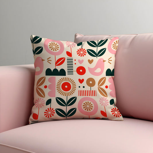 Scandi Folk Art Cushion Cover, Pink Bird & Floral Throw Pillow Cover