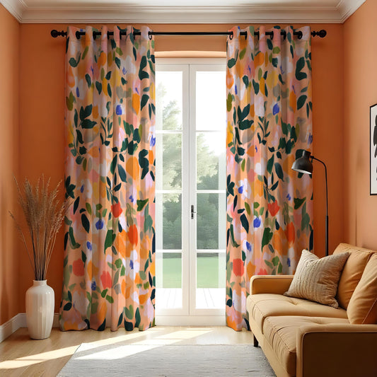 Orange & Pink Abstract Floral Curtains, Botanical Drapes