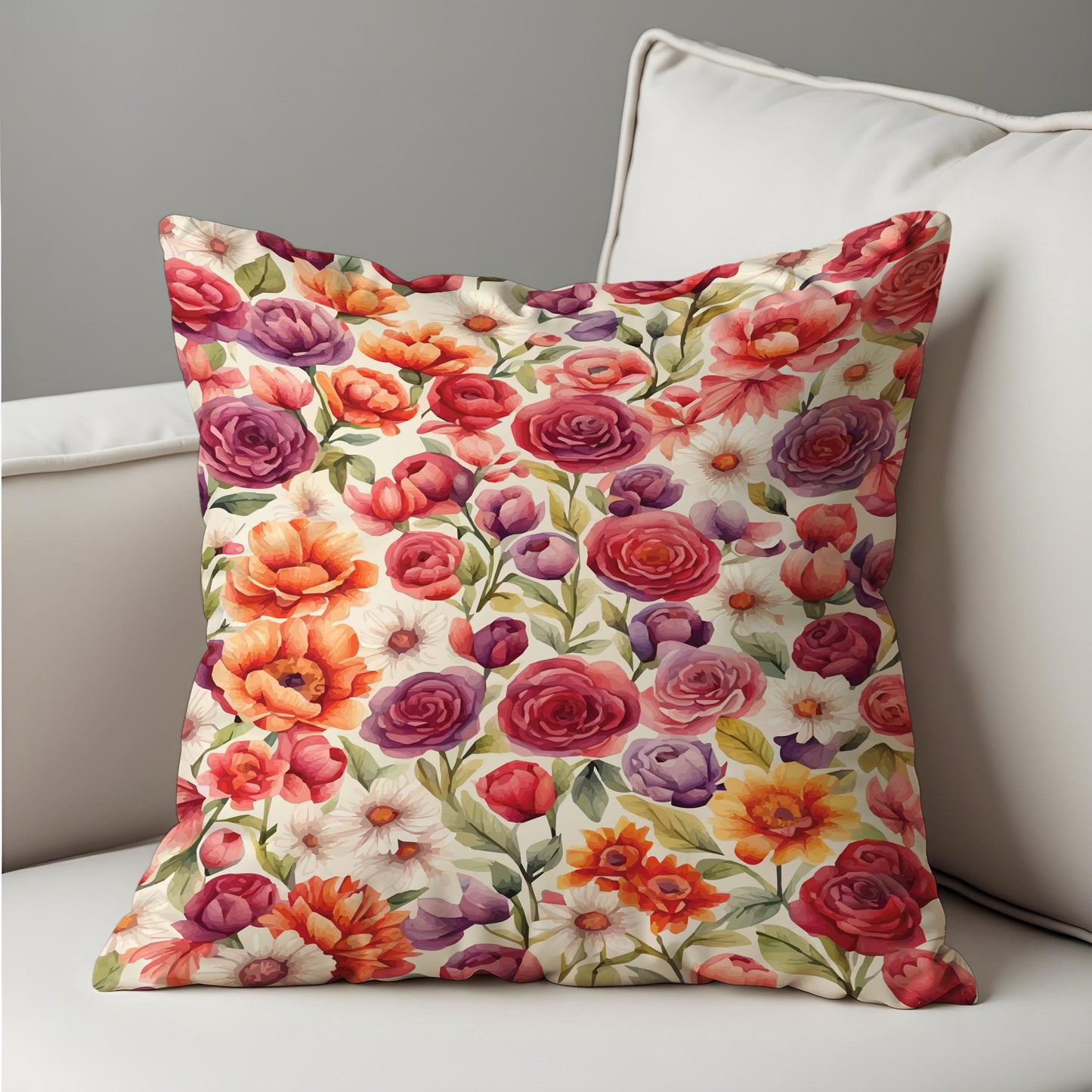 Colorful Garden Floral Cushion Cover, Purple & Orange Flowers Pillow Case