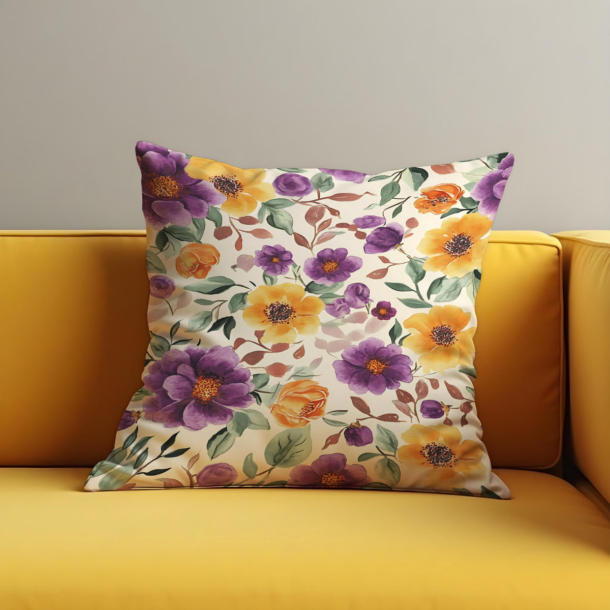 Purple Yellow Floral Cushion Cover, Watercolor Throw Pillow Case