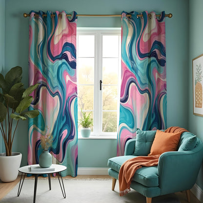 Pink Blue Fluid Marble Curtains, Colorful Abstract Drapes
