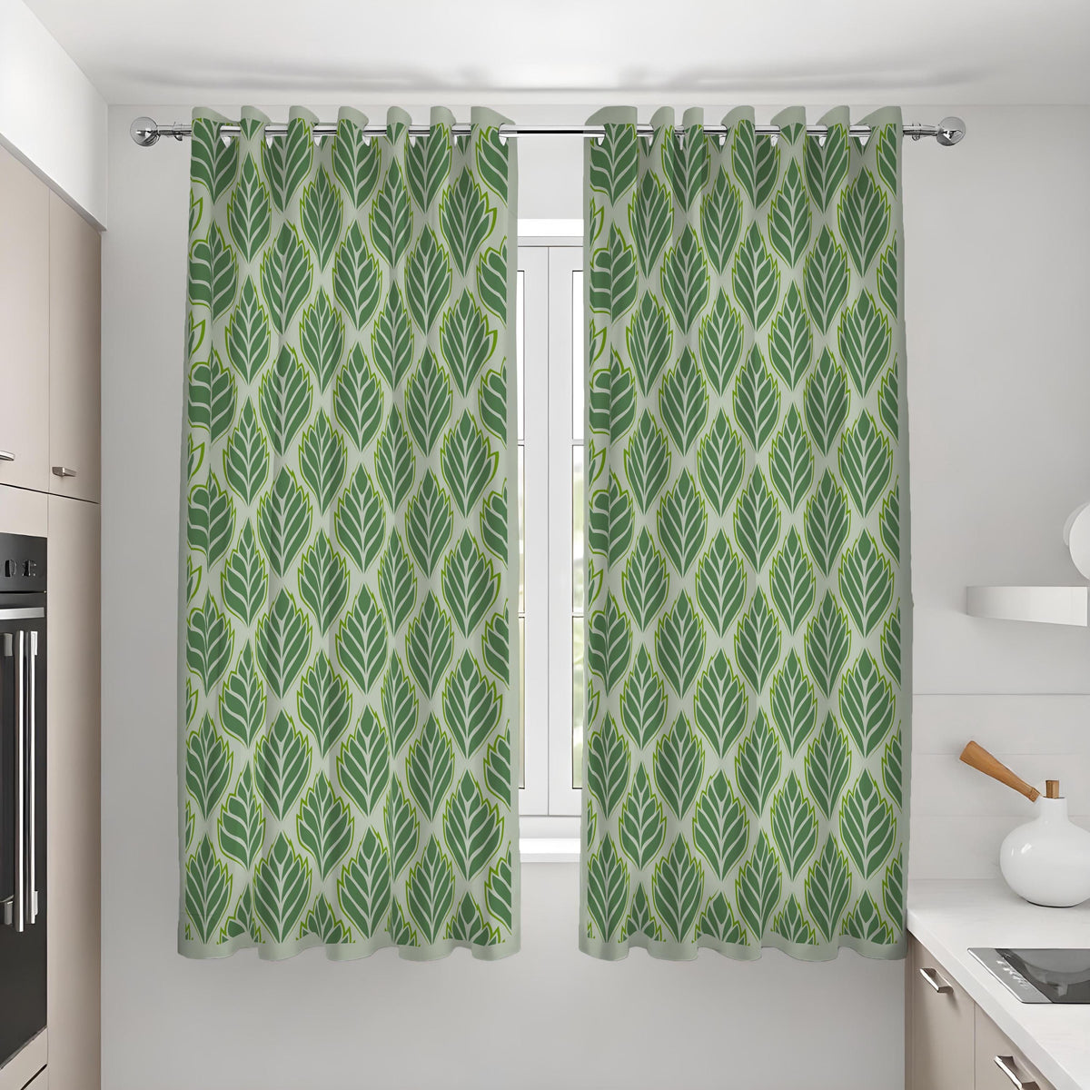 Green Leaf Pattern Curtains, Modern Botanical Custom Drapes