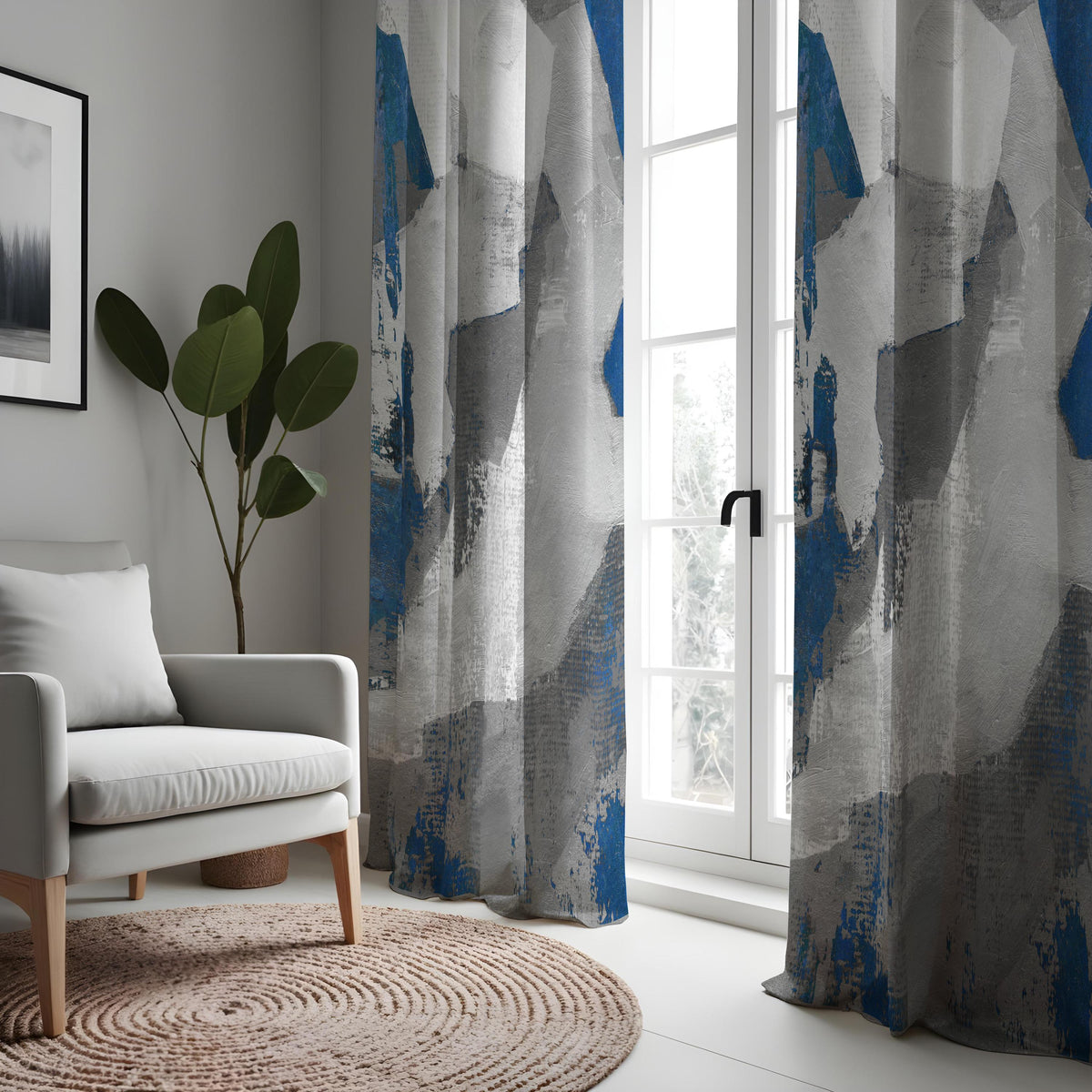 Grey and Blue Brushstroke Curtains, Abstract Art Drapes