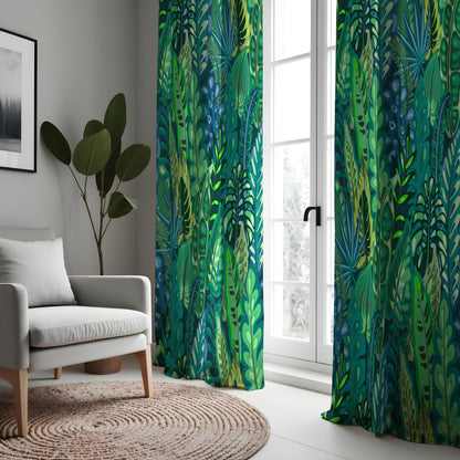 Green Jungle Leaf Curtains, Tropical Botanical Window Drapes