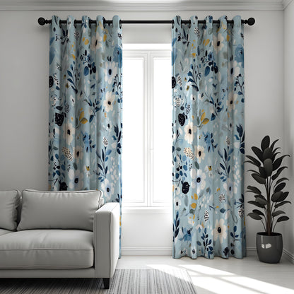 Light Blue Floral Curtains, Navy & White Botanical Drapes