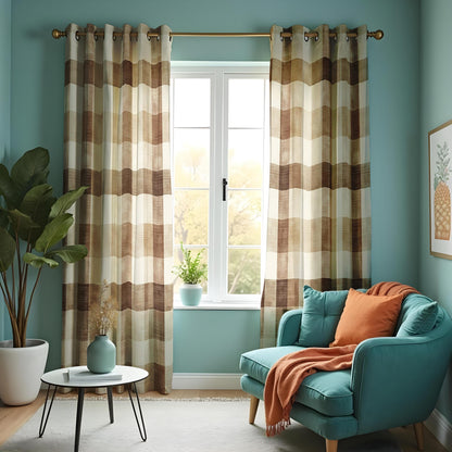 Brown Check Plaid Curtains, Rustic Farmhouse Window Drapes