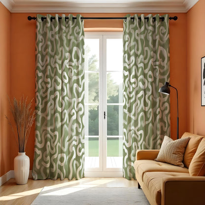 Olive Green Wavy Curtains, Organic Abstract Pattern Drapes